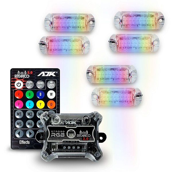 Kit Strobo Rgb Rítmico 2.0 C/ Controle + 3X Pares De Farol Rgb Endereçável - Ajk