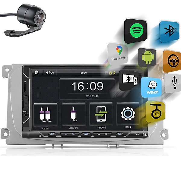 Kit Central Multimídia Mp5 2Din Tela 7'' Evolve  Fit S + Câmera De Ré Borboleta Universal + Moldura P/ Aparelho De Som/Dvd Ap668 - Multilaser
