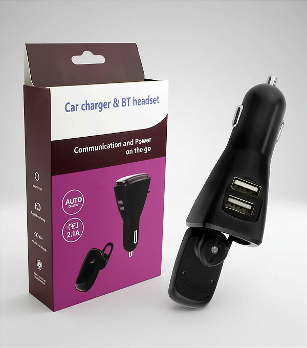 Carregador de Celular Para Carro Com USB Duplo E Fone De Ouvido Bluetooth 4.0