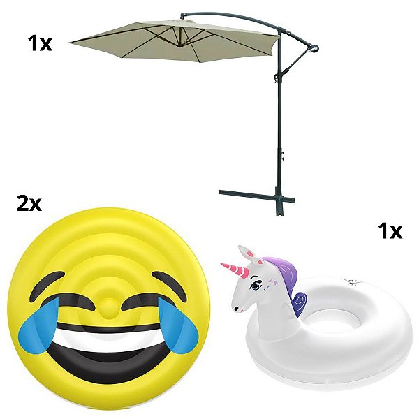 Kit Ombrelone 3M Bege + 2X Boias Emoji + 1X Bóia Unicórnio