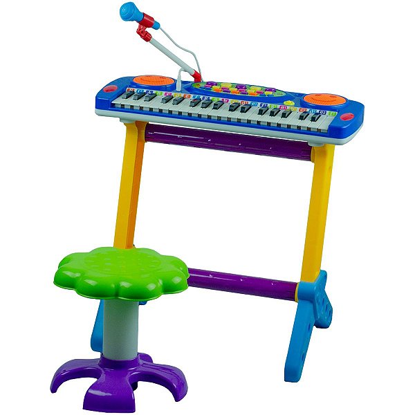 Piano Infantil Banquinho Com Microfone Azul Bw151Az