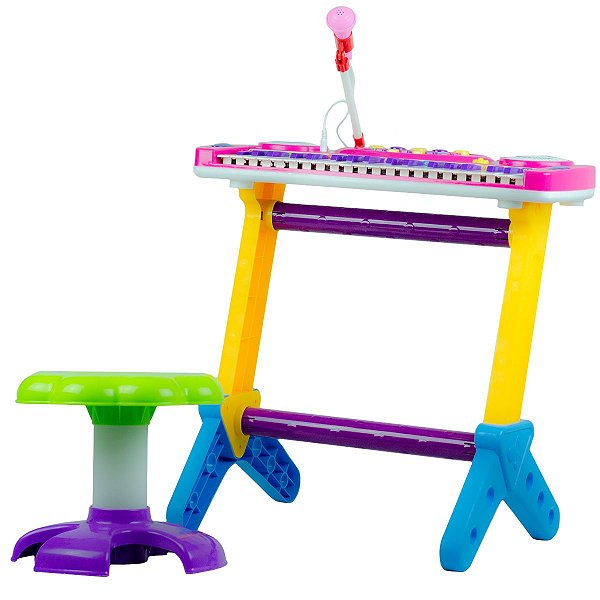 Piano Infantil Banquinho Com Microfone Rosa Bw151Rs