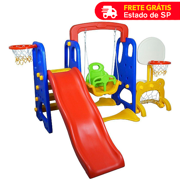 Playground 5 em 1 Com Escorregador Balanço Cesta de Basquete Gol e Bola