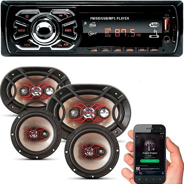 Kit Som Carro Rádio Mp3 Player Com Controle Bluetooth Usb + Auto Falante 6 Polegadas + 6x9