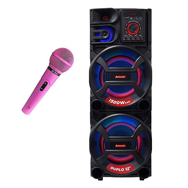 Kit Caixa Som Amplificada Bluetooth 1500W Usb Mp3 FM Bivolt Pesadão + Microfone Com Fio Rosa Profissional LeSon