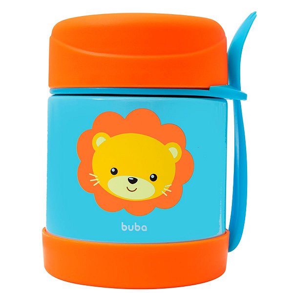 Pote Térmico Animal Leão Buba Infantil Feito Em Aço Inoxidável 320ml Com Talher Suporta Temperatura Quente E Fria