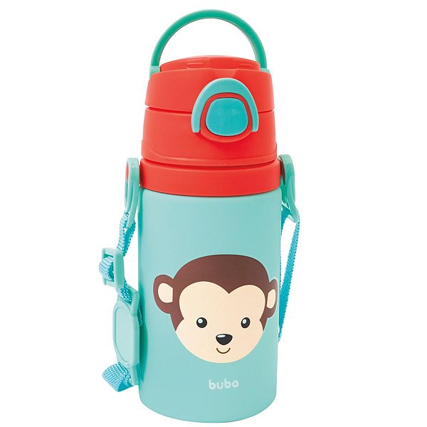 Garrafinha De Alumínio Infantil Com Canudo Em Silicone E Tampa Com Trava De Segurança Animal Macaco 450ml Buba