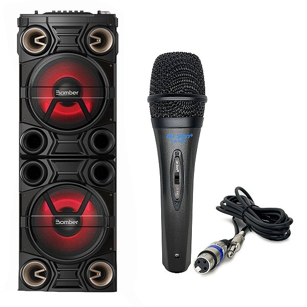 Microfone P10 LS300 Preto Profissional + Caixa De Som Bluetooth Bomber Party 1500 USB Iluminação LED