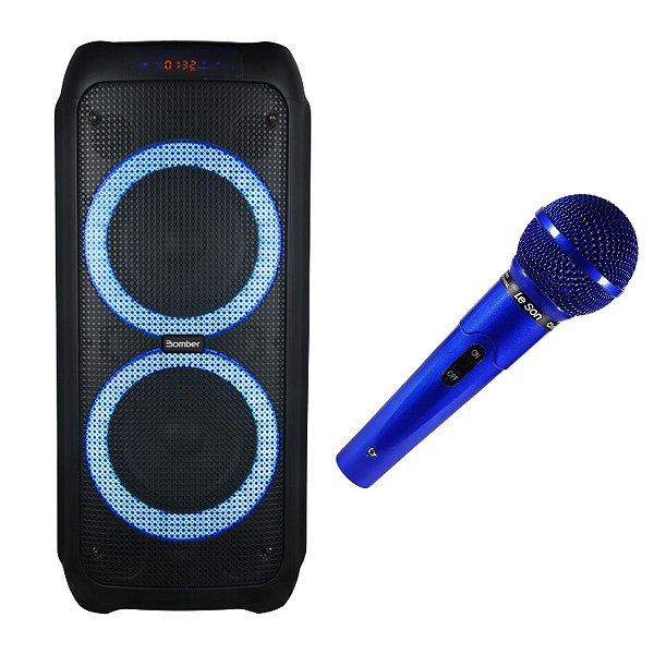 Microfone Amplificador Com Fio Azul Profissional MC200 + Bomber Party 1200 Caixa de Som Bluetooth
