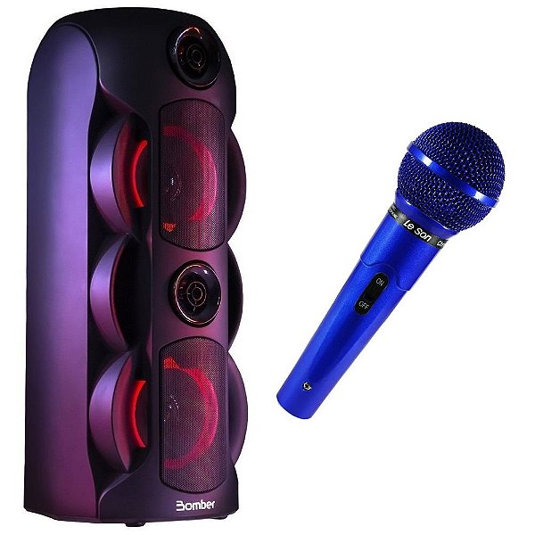 Microfone com Fio Azul Profissional MC200 P10 + Caixa de Som Bluetooth Bomber Party 800 50W Portátil