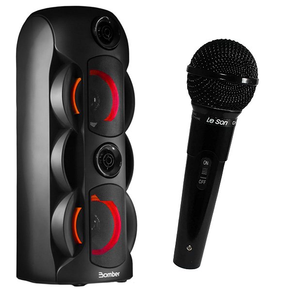 Microfone Com Fio Preto Profissional MC200 + Bomber Party 800 50W Portátil Caixa de Som Bluetooth
