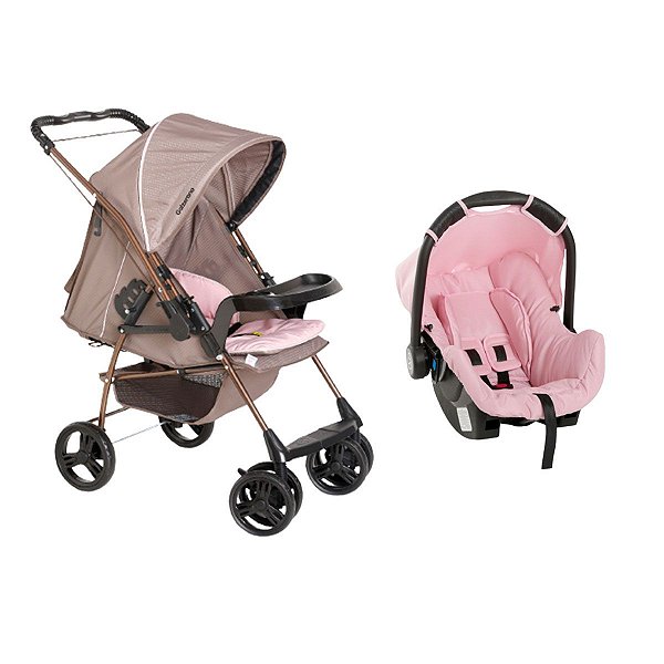 Carrinho Para Bebê Rev II Milano Capuccino Rosa Com 4 Rodas + Bebe Conforto Rosa Com Capota Galzerano