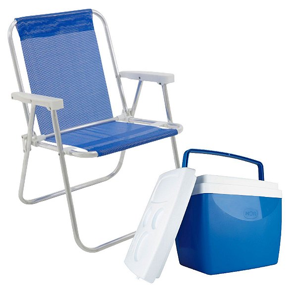 Bel Cadeira Alta Estrutura De Alumínio Lazy Sannet Azul Dobrável + Caixa Térmica 26 Litros Leve E Fácil Para Transportar