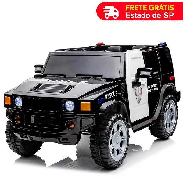 Mini Carro Elétrico Policia Hammer 12v Velocidade Máxima 8km/h Suporta 30kg Luzes Som USB MP3 Controle Remoto