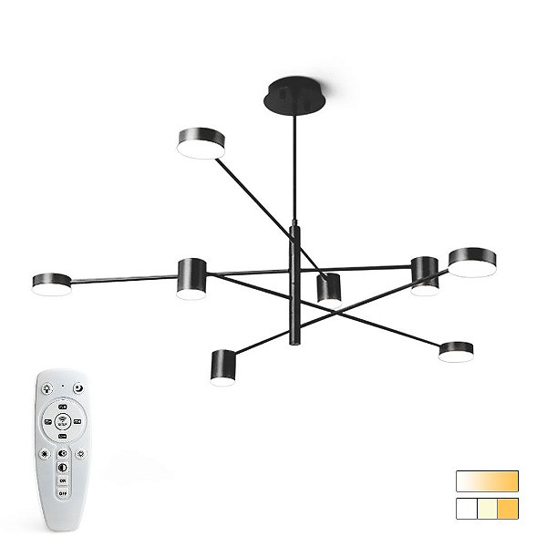 Lustre de LED 08 Círculos - Chicago Grande - Preto - 114 Watts - 105x80cm + Controle Remoto