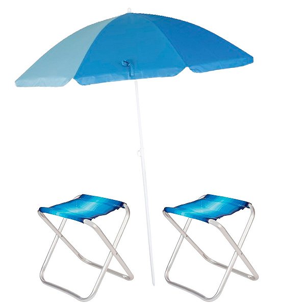 Guarda-Sol FPS 70 Em Aço Pintado 1,80m Poliéster Com Silvercoating Grande com 2 Banquetas De Alumínio Dobrável Azul Mor
