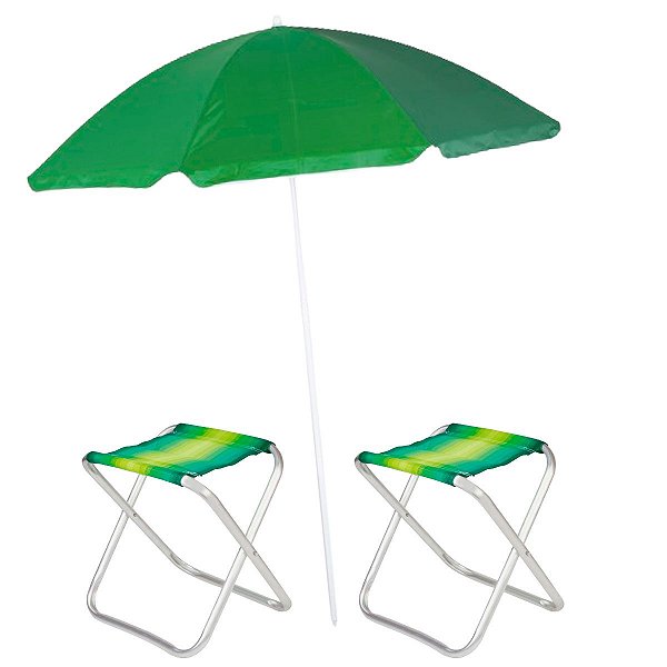 Guarda-Sol FPS 70 Em Aço Pintado 1,80m Poliéster Com Silvercoating Grande com 2 Banquetas De Alumínio Dobrável Verde Mor