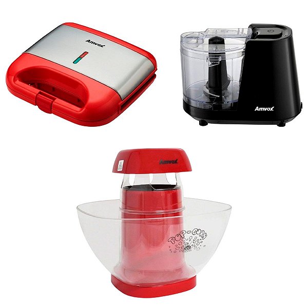 Kit Cozinha Pipoqueira Vermelha + Mini Processador Preto + Sanduicheira Vermelha Amvox 110V