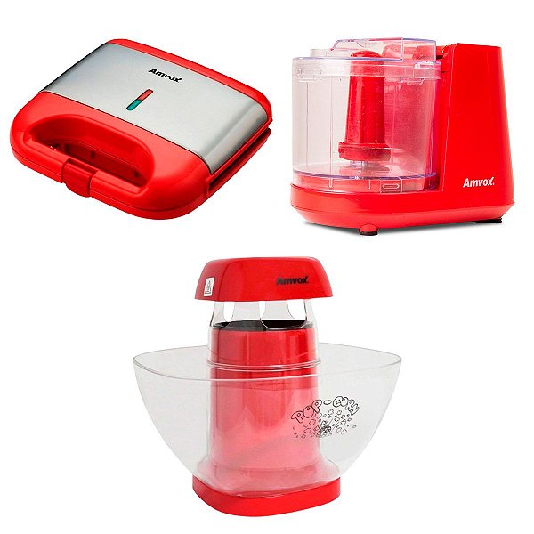 Kit Cozinha Pipoqueira Vermelha + Mini Processador Preto + Sanduicheira Vermelha Amvox 220V