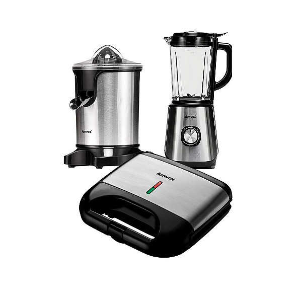 Kit Cozinha Liquidificador + Sanduicheira + Espremedor de Frutas Amvox 127v Sucos Lanches Sobremesas Com Praticidade