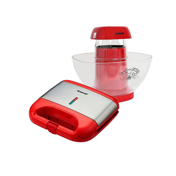 Kit Cozinha Vermelha Pipoqueira Sem Óleo C/ Colher Dosadora + Sanduicheira Grill Lanches Quentes Amvox 220V