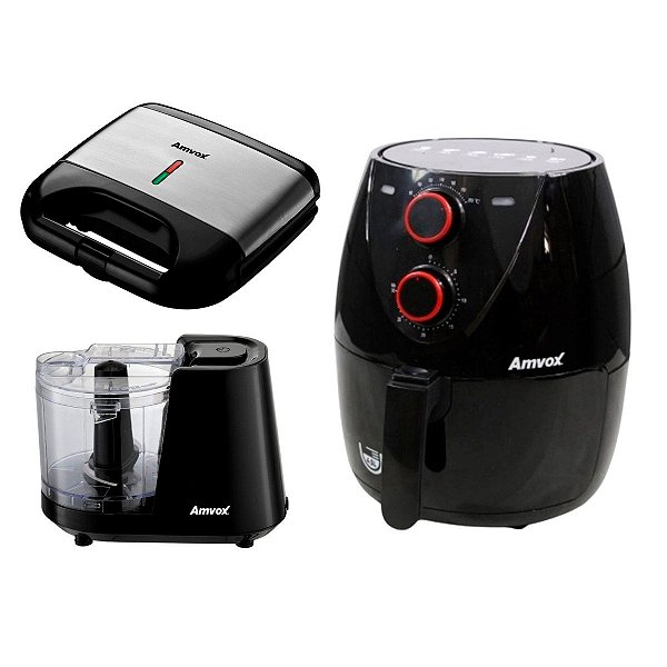 Kit Cozinha Fritadeira Sem Óleo Air Fryer + Mini Processador de Alimentos Silencioso + Sanduicheira Grill Praticidade