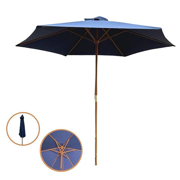 Ombrelone Central em Madeira 3m Camping Piscina Importway Azul Resistente Gigante Proteção UV