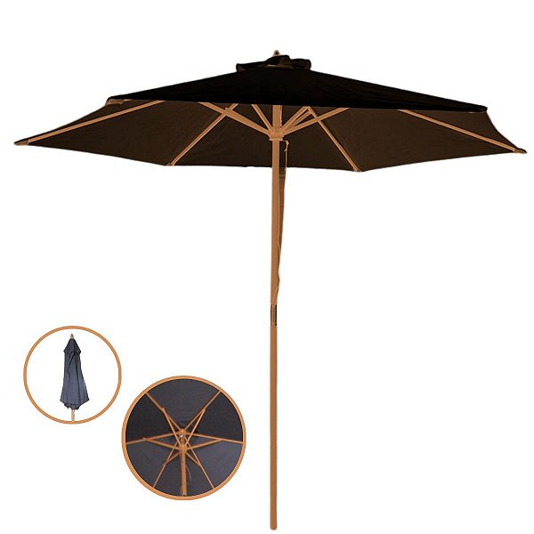 Ombrelone Central de Madeira 2,4m Diâmetro Preto Super Resistente Piscina Jardim Material de Qualidade