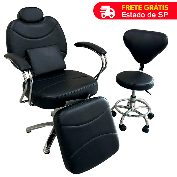 Cadeira Barbeiro Manicure Completa Com Descanso De Perna E Mocho Preta