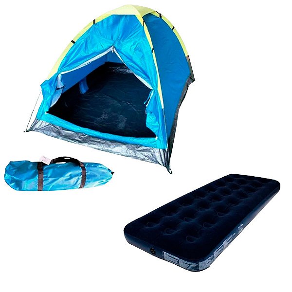 Barraca Camping Para 3 Pessoas Importway + Colchão de Ar Inflável Camping Piscina Solteiro Aveludado s/ Fole