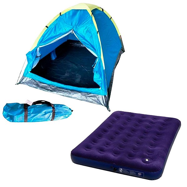Barraca Camping Para 3 Pessoas Importway + Colchão de Ar Inflável Camping Piscina Casal Mor Aveludado com Fole