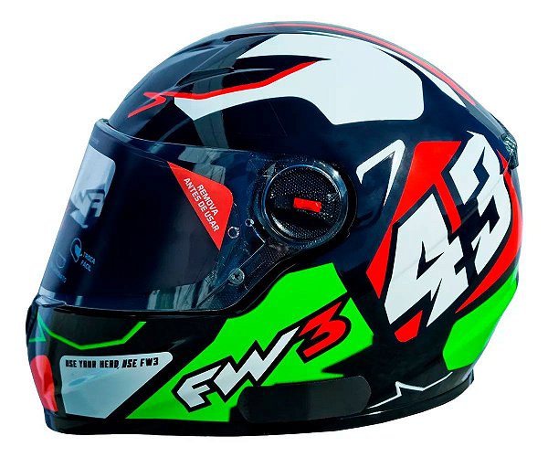 Capacete Moto Fechado FW3 GTX 43 Tamanho 56 Viseira Cristal 2mm ABS Óculos Interno Fumê Proteção UV Vermelho/Verde