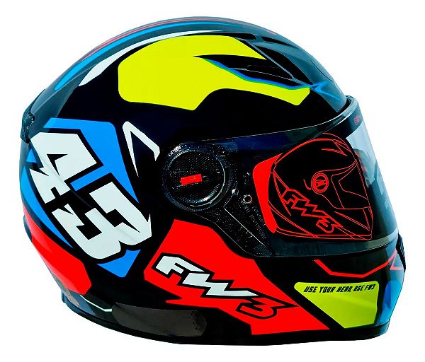 Capacete Moto Fechado FW3 GTX 43 Tamanho 58 Viseira Cristal 2mm ABS Óculos Interno Fumê Proteção UV Amarelo/Azul
