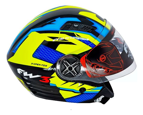 Capacete Moto Aberto FW3 X Open Up Fox 60 Viseira Cristal 2mm Óculos Interno Fume Entrada de Ar Frontal Amarelo/Azul