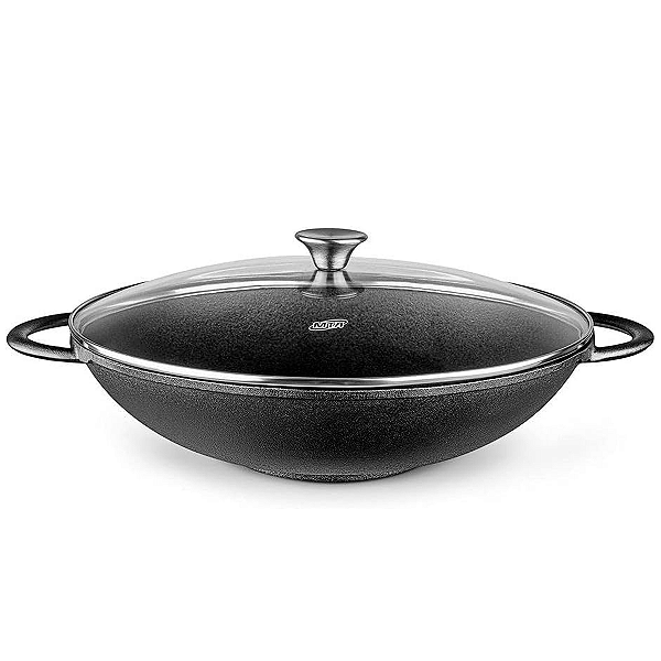 Panela Wok 36Cm 6 Litros Ferro Fundido Com Tampa De Vidro - Mta
