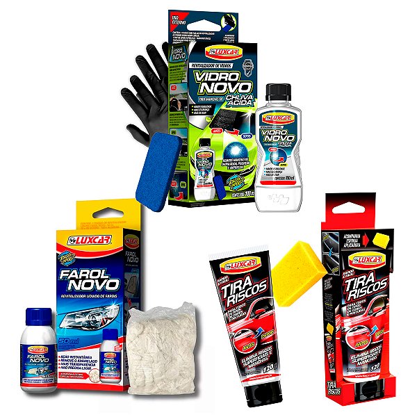 Tira Riscos Luxcar 120g + Revitalizador Líquido Farol Novo + Revitalizador de Vidros Tira Manchas de Chuva - Luxcar