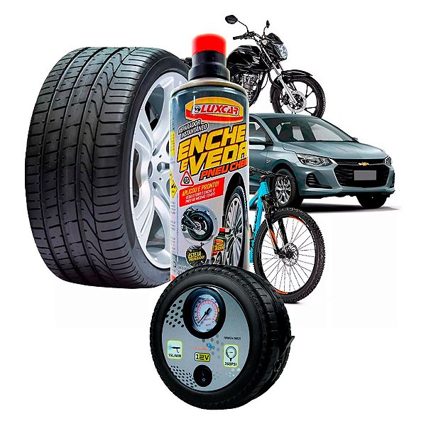 Reparador Instantâneo Enche e Veda Pneu Cheio 400ml Luxcar + Compressor Ar Portátil 260psi 12v
