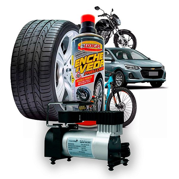Reparador Instantâneo Enche e Veda Pneu Cheio 400ml Luxcar + Compressor Ar Portátil 150PSI