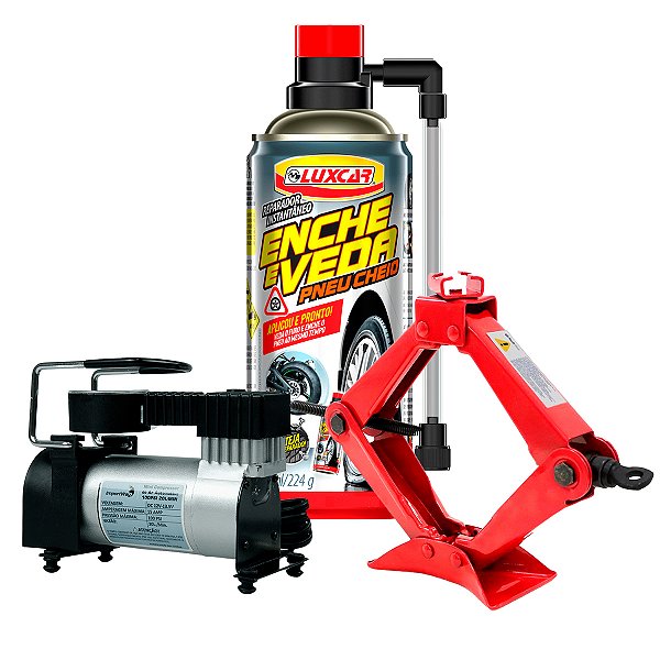 Mini Compressor de Ar Automotivo 150PSI + Macaco Hidraulico Sanfona 2TON + Enche/Veda Pneus Luxcar