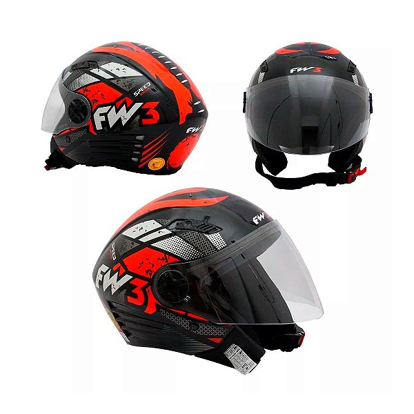 Capacete Moto Aberto X Open Speed Preto Com Vermelho Viseira Cristal Inmetro Tamanho 56 - FW3
