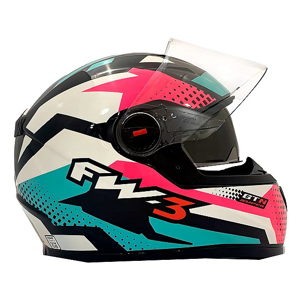 Capacete Moto Fechado GTX Super Azul Tiffany Com Rosa/Branco Viseira Cristal Inmetro Tamanho 56 FW3