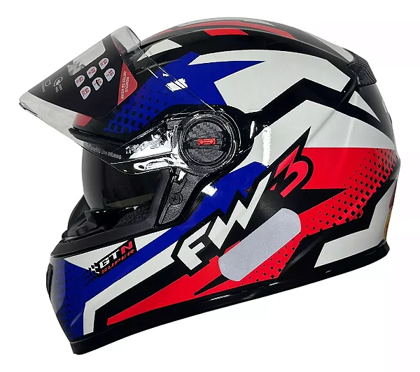 Capacete Moto Fechado GTX Super Vermelho com Azul/Branco Viseira Cristal Inmetro Tamanho 56 - FW3