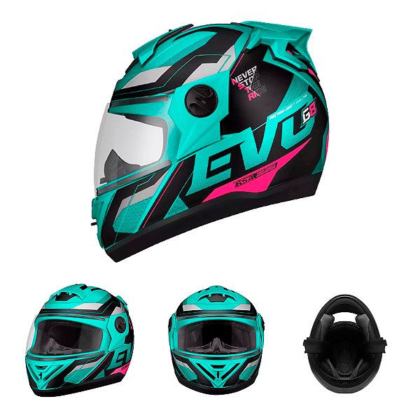 Capacete Moto Fechado Verde Turquesa G8 EVO Viseira Cristal Inmetro Tamanho 56 CAP-717VDTPK Pro Tork