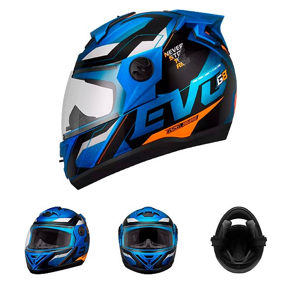 Capacete Moto Fechado Azul com Laranja G8 EVO Viseira Cristal Inmetro Tamanho 60 719AZLR - Pro Tork