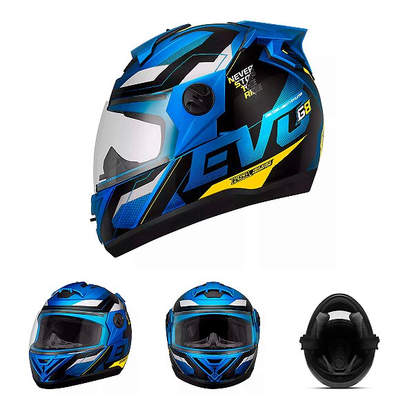 Capacete Moto Fechado Azul com Amarelo G8 EVO Viseira Cristal Inmetro Tamanho 62 736AZAM -  Pro Tork