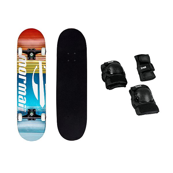 Skate Pro Urban Vermelho Amarelo e Azul + Kit Proteção Contra Impactos Bel Tamanho M