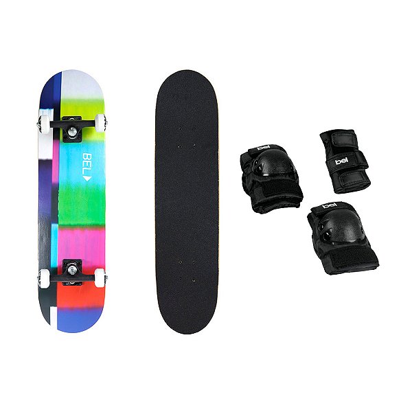 Skate Semi Profissional Colorido Bel + Kit Proteção P Cotoveleira Joelheira Protetor de Punho