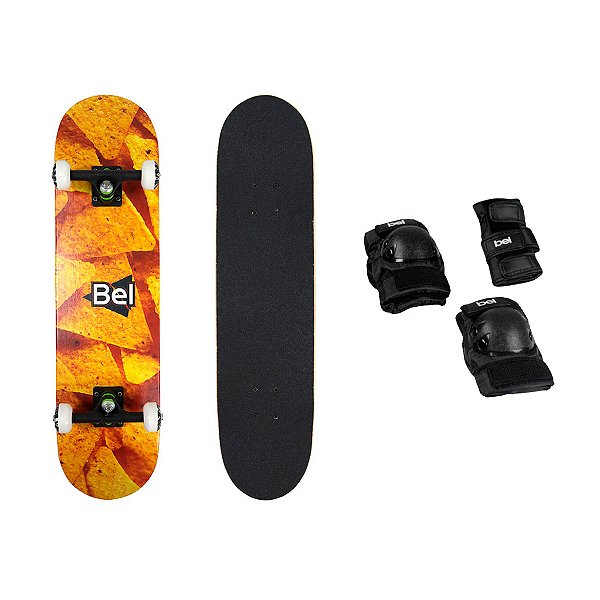 Skate Doritos Nachos Semi Profissional+ Kit de Proteção Preto Tamanho M Ajustável