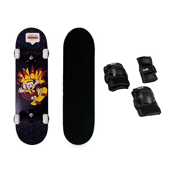 Skate Montado Semi Profissional Turma Da Mônica Cascão + Kit Proteção Tamanho G Bel