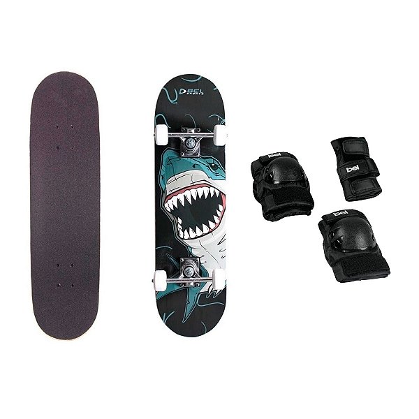 Skate Tubarão Semi Profissional Bel + Kit de Proteção Preto Tamanho M Ajustável